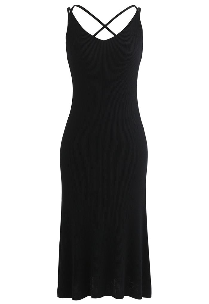 Fitted Ribbed Knit Cami Dress in Black
