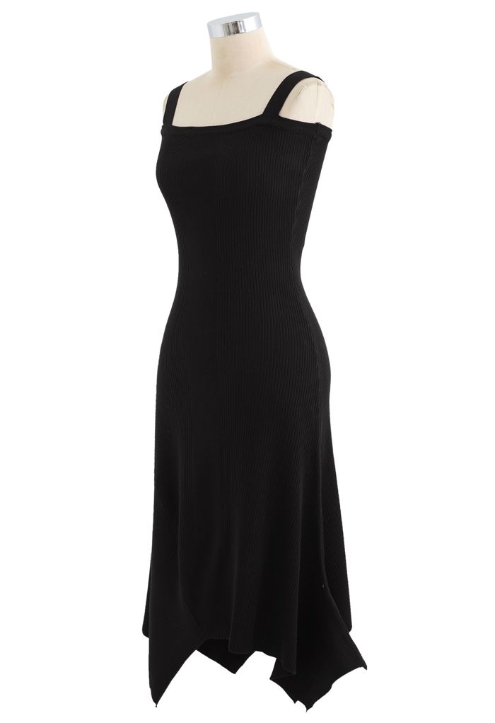 Asymmetric Hem Ribbed Knit Cami Dress in Black