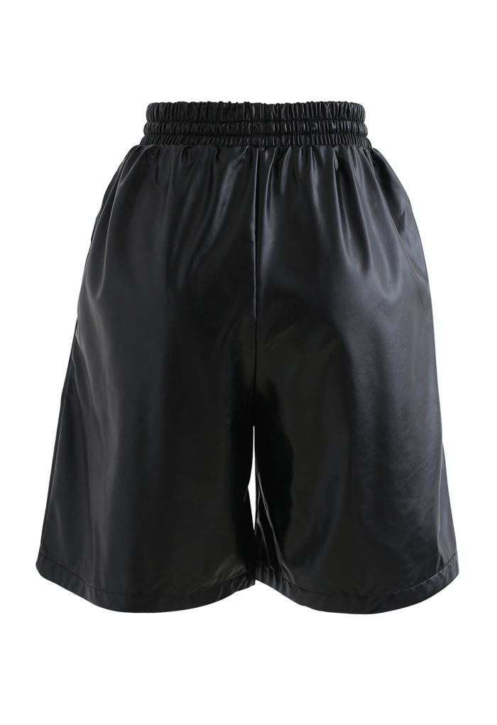 Drawstring PU Leather Shorts in Black
