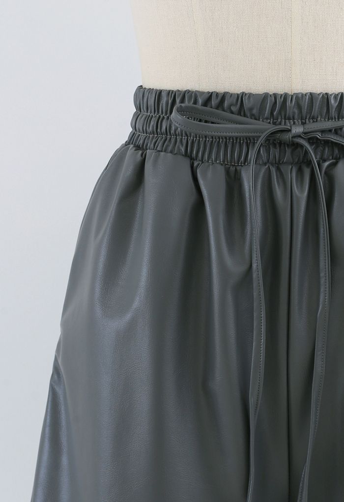 Drawstring PU Leather Shorts in Grey