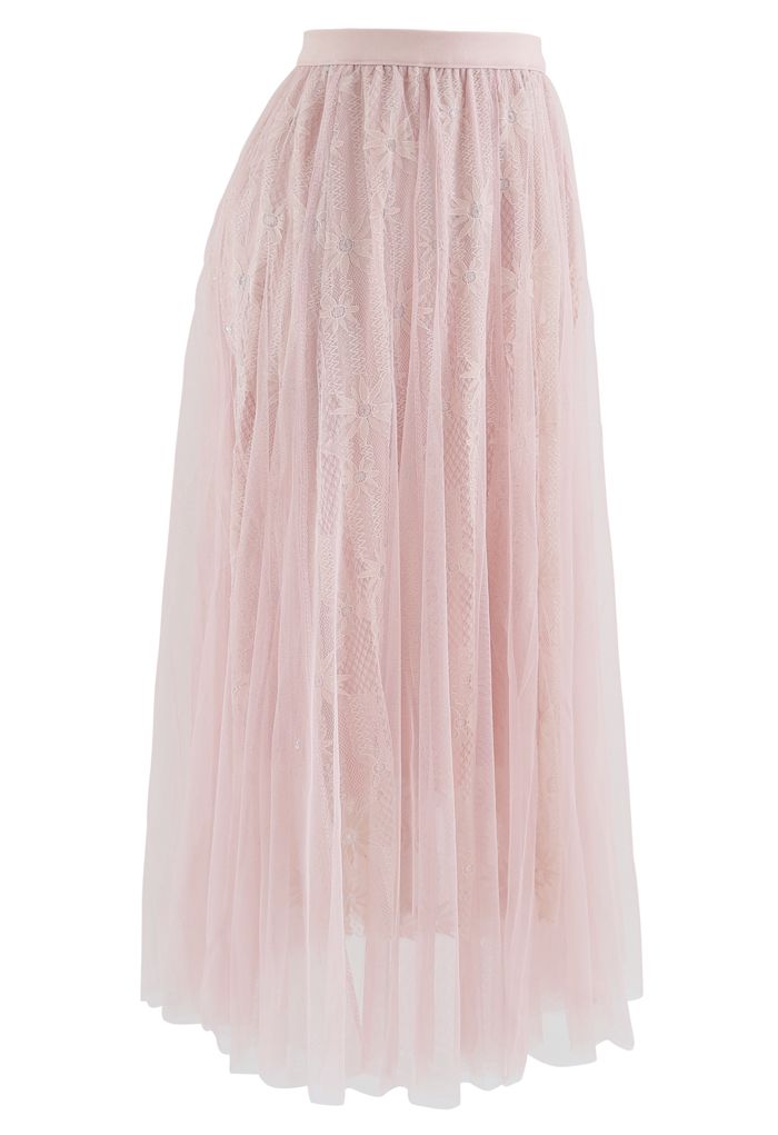 Sunflower Lace Mesh Tulle Midi Skirt in Pink