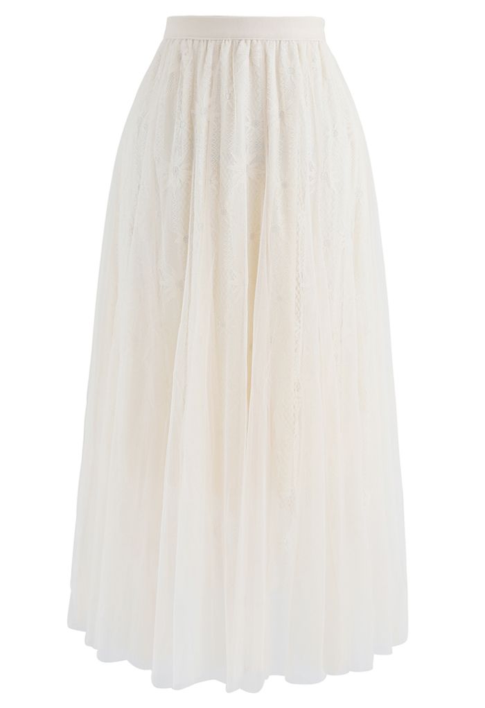 Sunflower Lace Mesh Tulle Midi Skirt in Cream