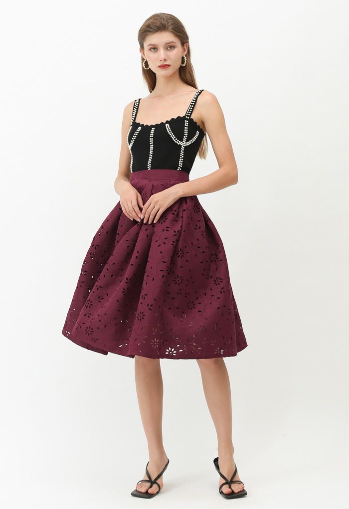 Floral Cutwork Jacquard Midi Skirt in Wine