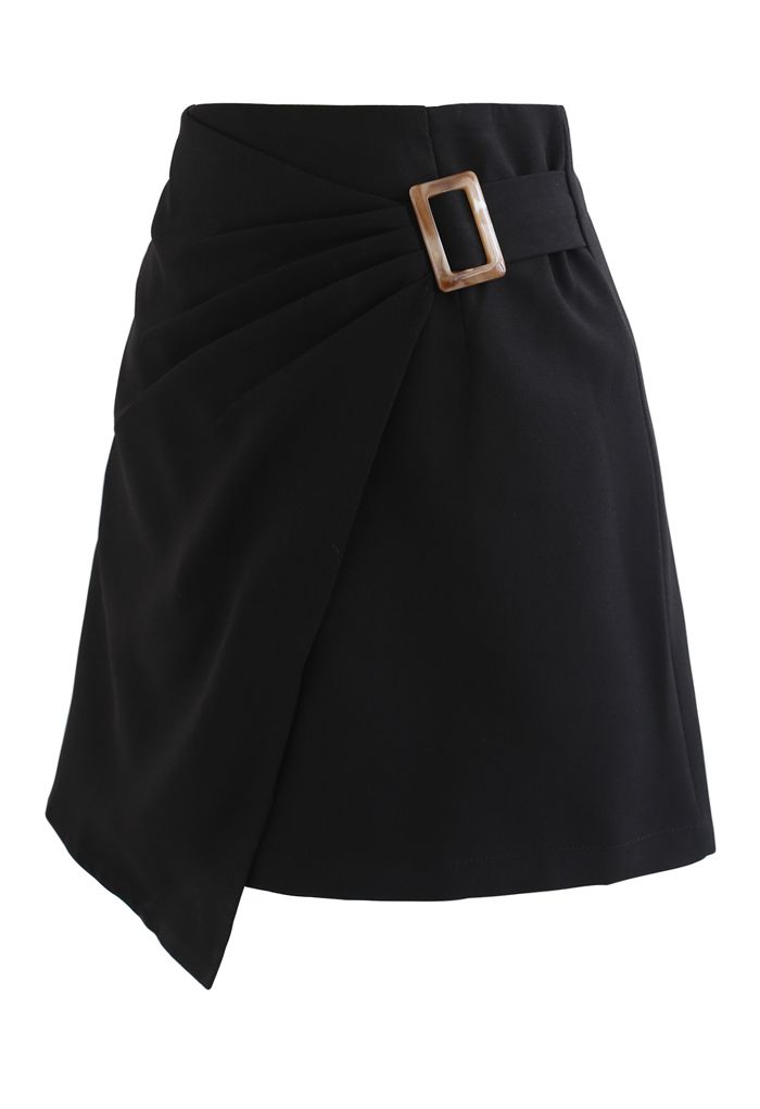 Side Ruched Belt Asymmetric Mini Skirt in Black