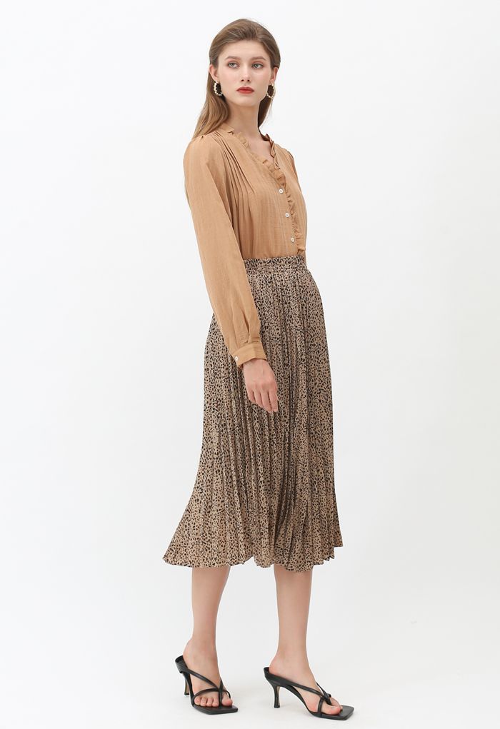 Animal Print Pleated Midi Skirt in Tan