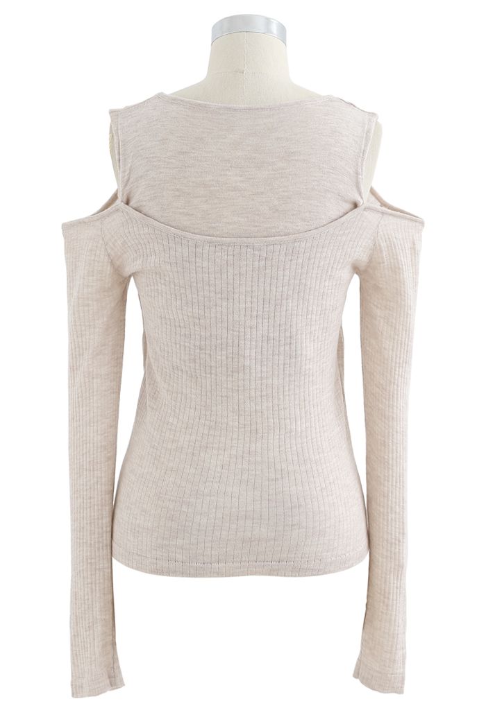 Fake Two-Piece Button Knit Top in Sand