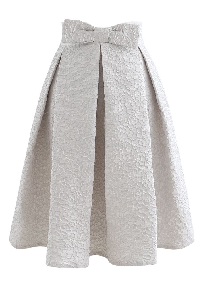 Bowknot Waist Full Floral Jacquard Pleated Skirt in Silver