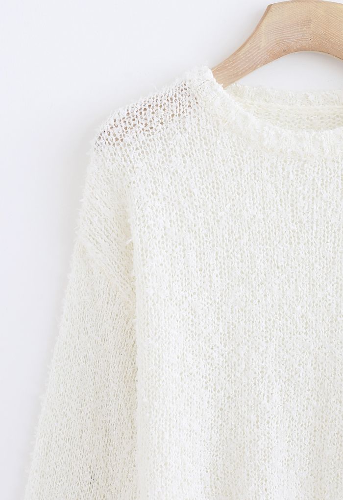 Cropped Fluffy Hollow Out Knit Sweater in White