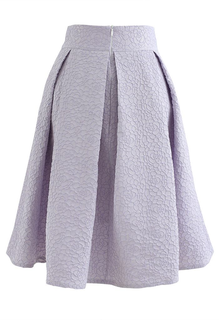 Bowknot Waist Full Floral Jacquard Pleated Skirt in Lilac