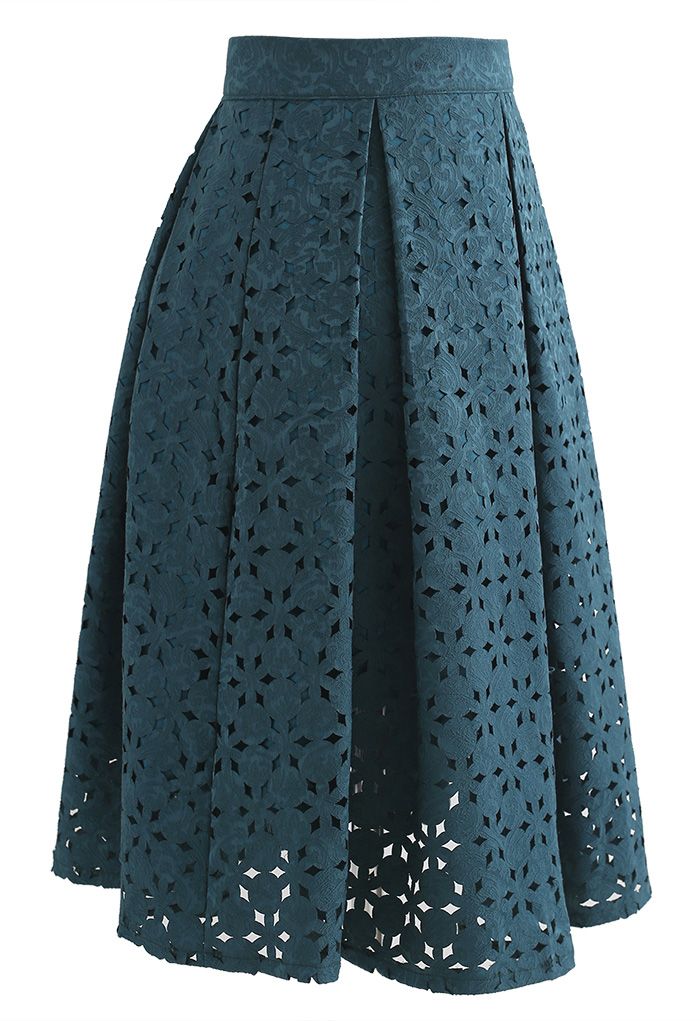 Snowflake Cutwork Jacquard Pleated Skirt in Teal