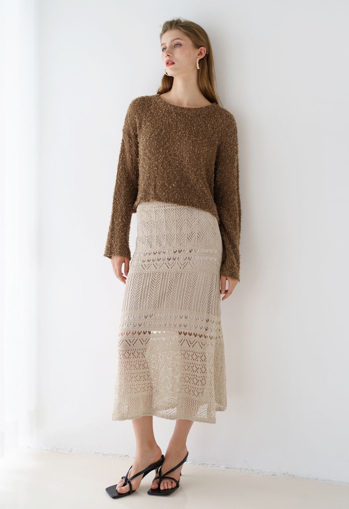 Versatile Hollow Out Knit Skirt in Sand