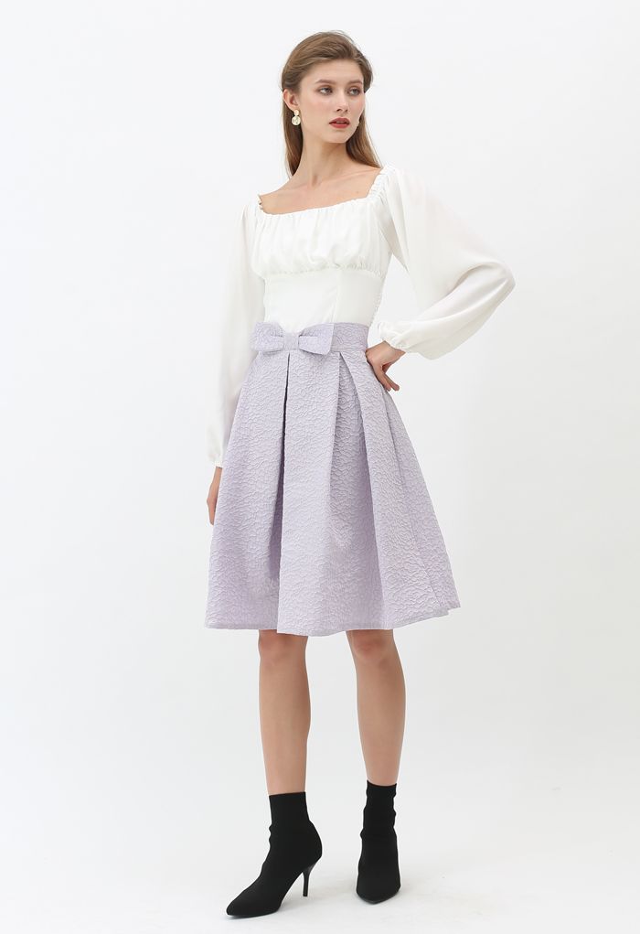 Bowknot Waist Full Floral Jacquard Pleated Skirt in Lilac