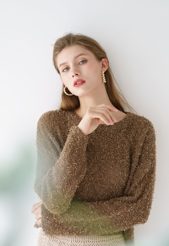 Cropped Fluffy Hollow Out Knit Sweater in Brown