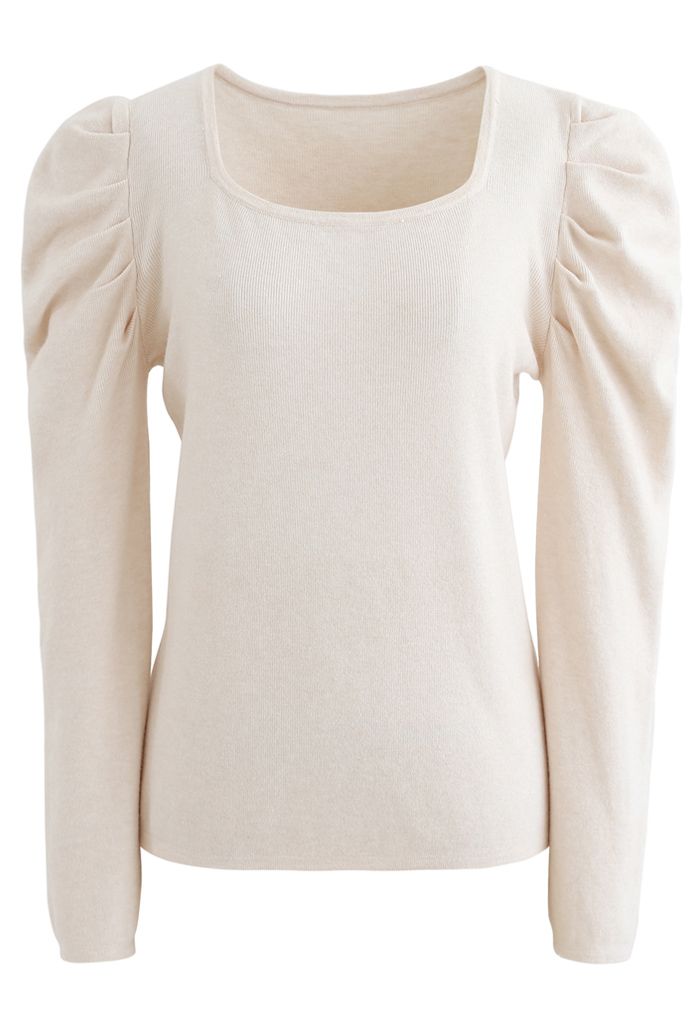 Square Neck Bubble Sleeves Knit Top in Cream