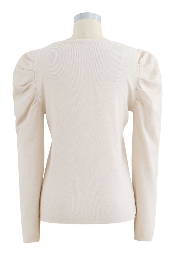Square Neck Bubble Sleeves Knit Top in Cream