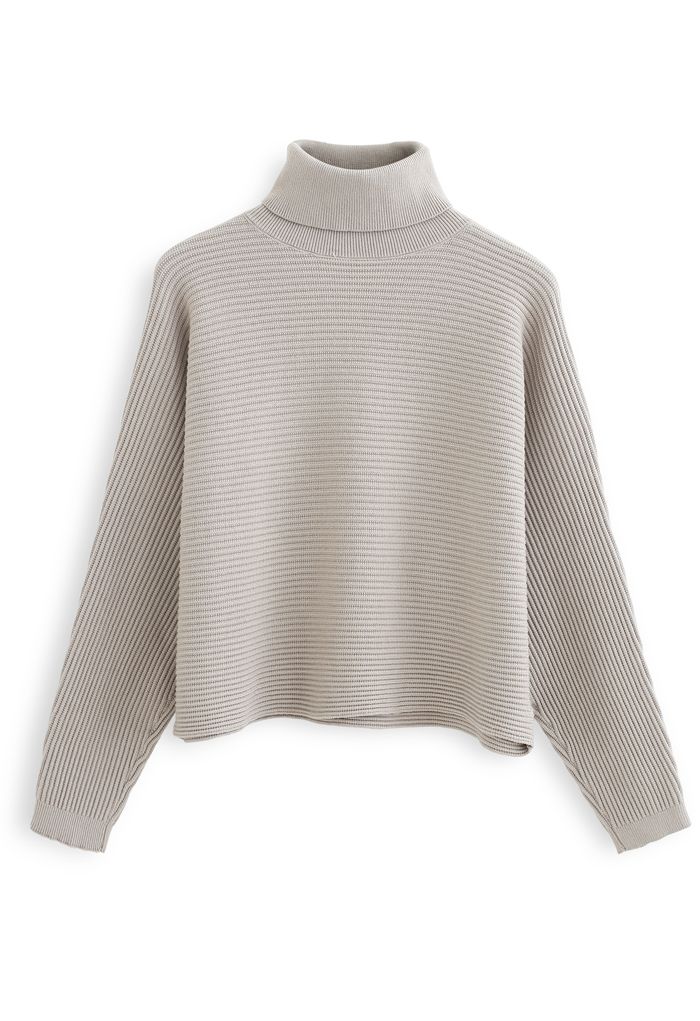 Basic Rib Knit Cowl Neck Crop Sweater in Sand