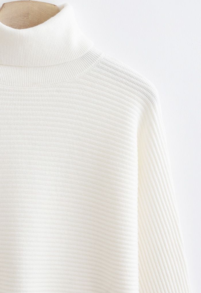 Basic Rib Knit Cowl Neck Crop Sweater in White