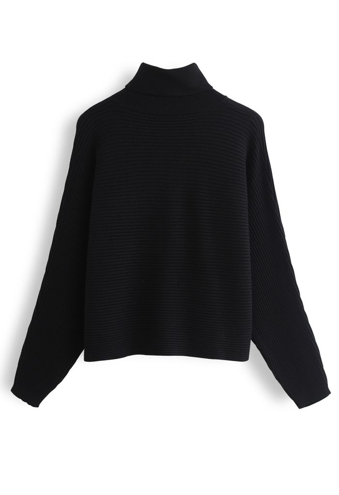 Basic Rib Knit Cowl Neck Crop Sweater in Black