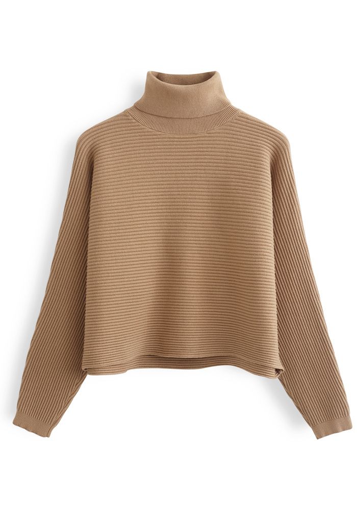 Basic Rib Knit Cowl Neck Crop Sweater in Caramel
