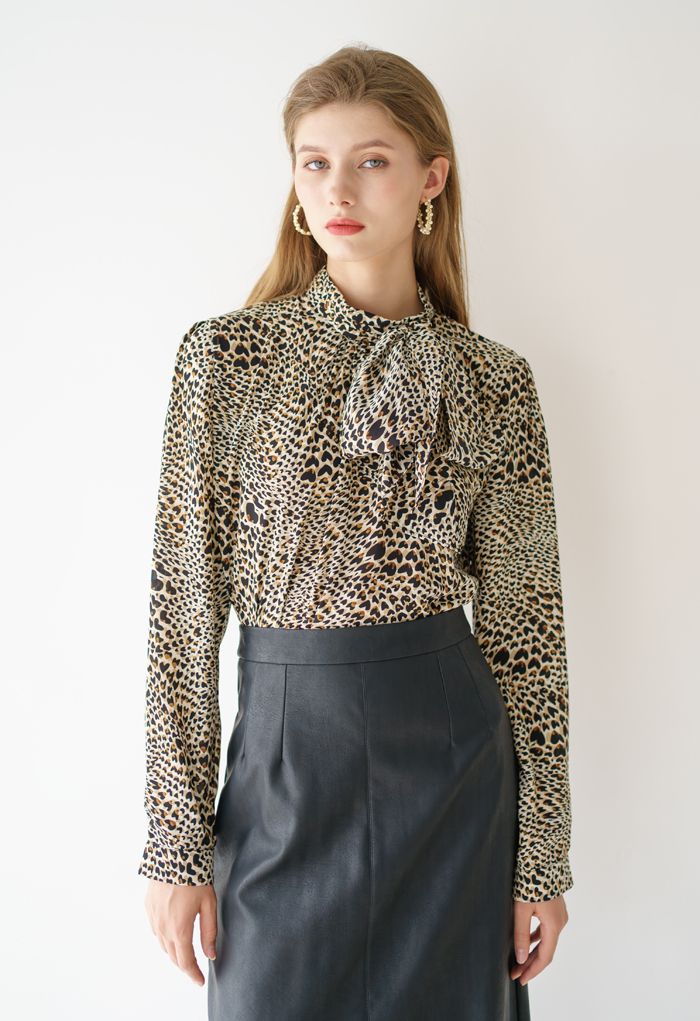 Bowknot Leopard Print Chiffon Shirt