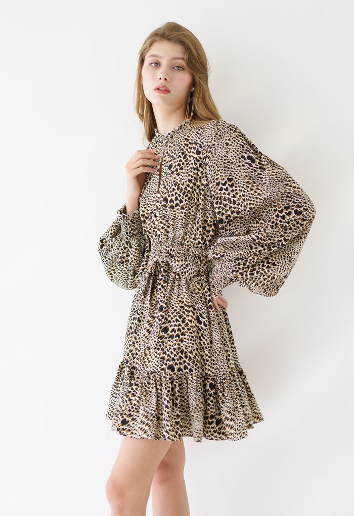 Buttoned Leopard Print Puff Sleeves Ruffle Dress