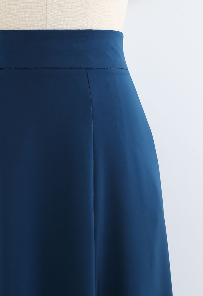 Satin A-Line Midi Skirt in Indigo