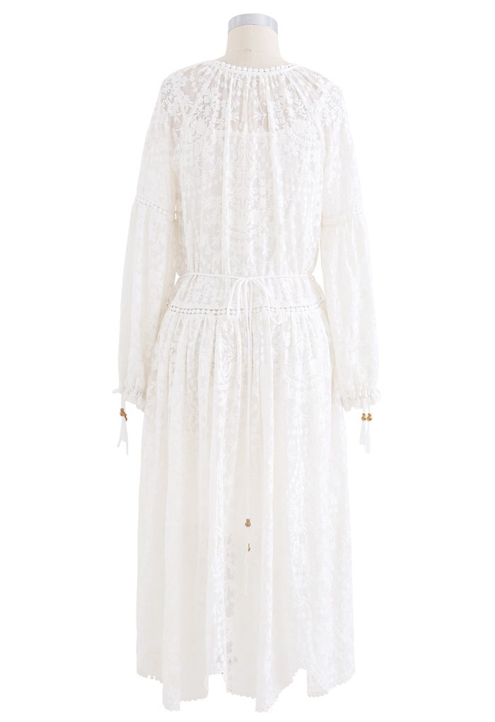 Self-Tied Tassel Floral Embroidered Organza Dress