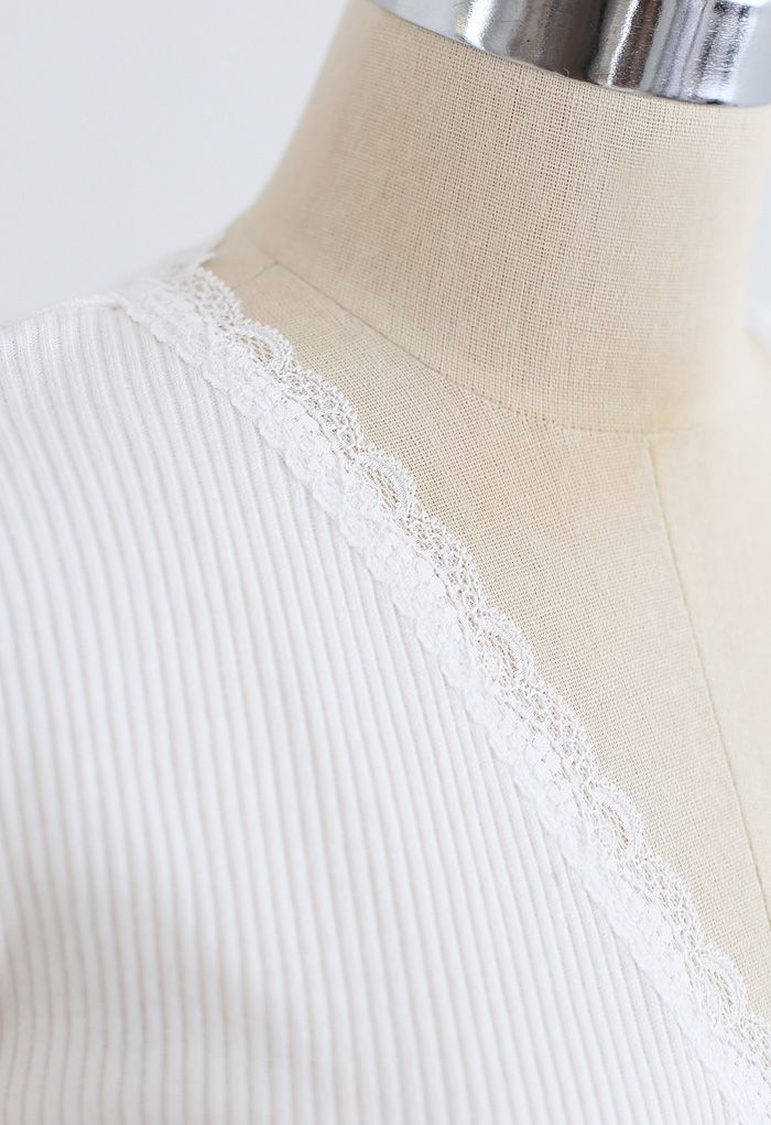 Lace Trim Wrap Knit Top in White