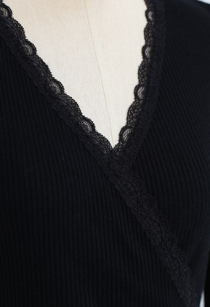 Lace Trim Wrap Knit Top in Black