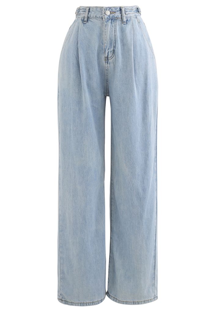 Belted Wide-Leg Pocket Jeans in Light Blue