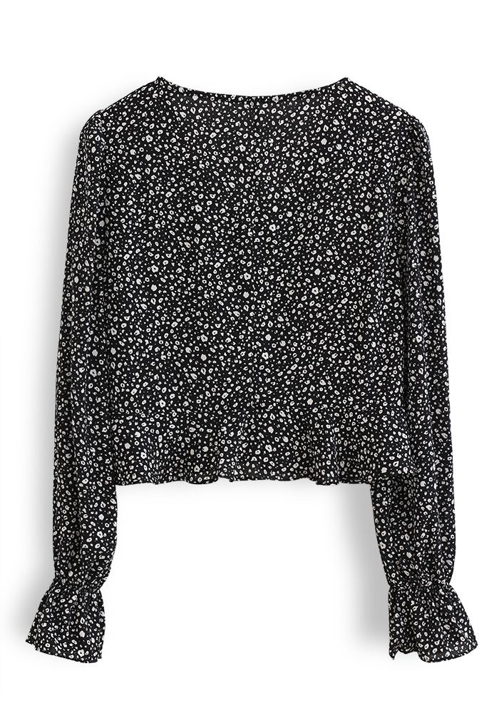 Spotted V-Neck Button Crop Top in Black