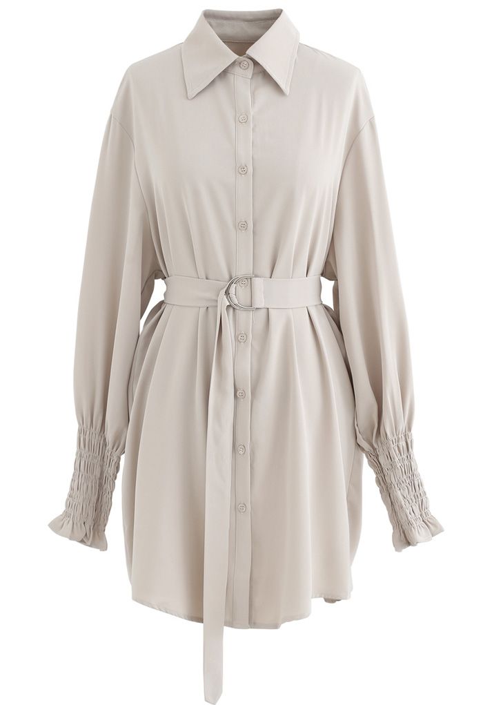 Belted Button Down Hi-Lo Shirt Dress in Light Tan