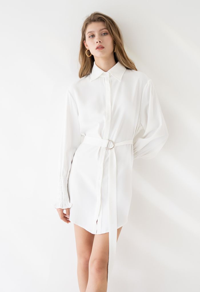 Belted Button Down Hi-Lo Shirt Dress in White