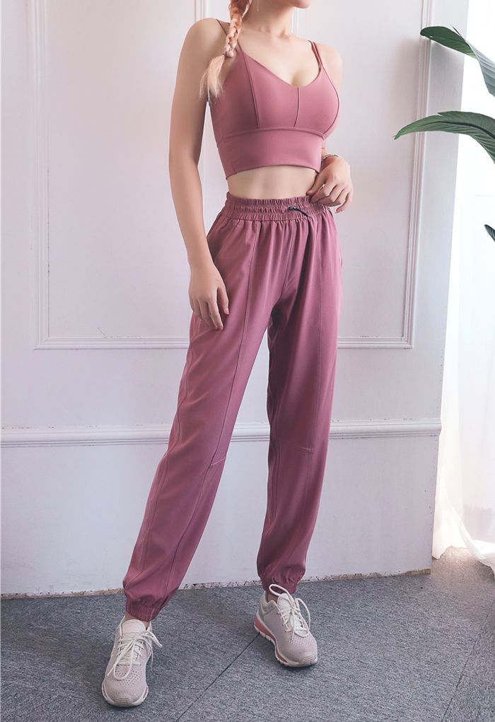 Drawstring Pockets Tapered Joggers in Dusty Pink