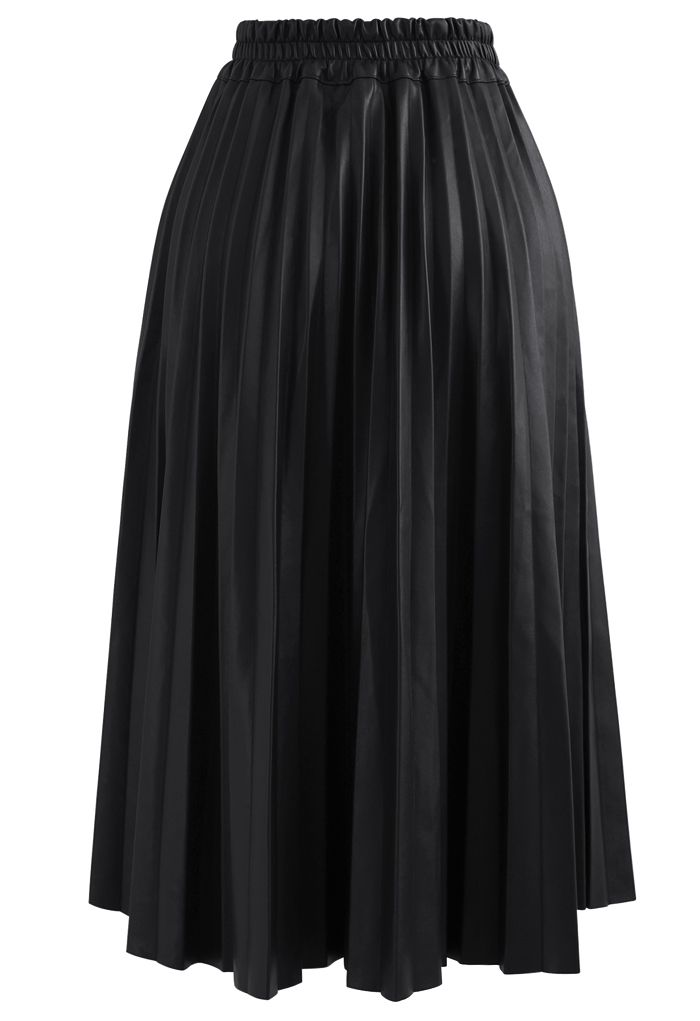 Faux Leather Pleated A-Line Midi Skirt in Black