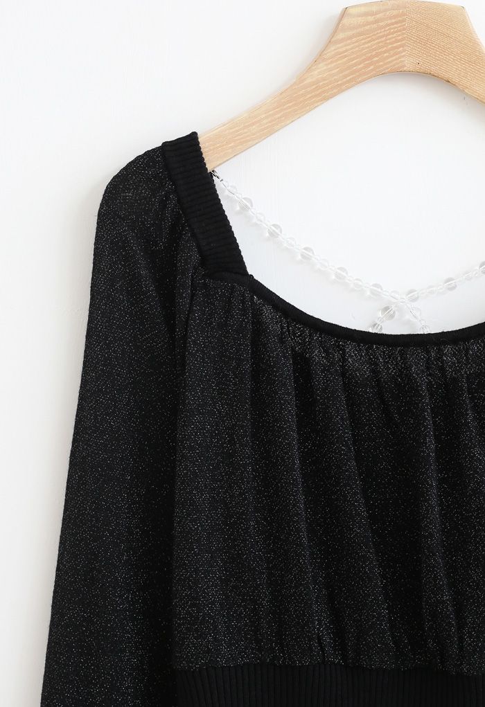 Crisscross Pearl Square Neck Crop Knit Top in Black