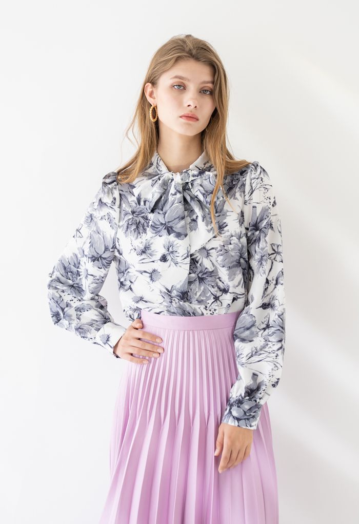 Floral Watercolor Self-Tie Bowknot Neck Shirt