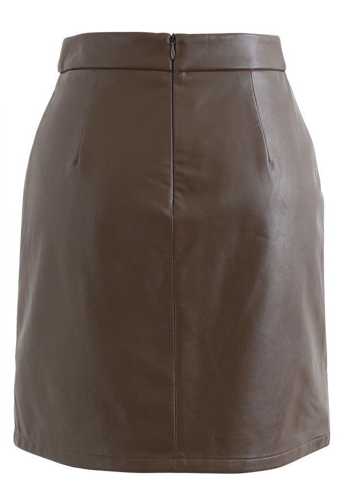 Pockets Faux Leather Bud Skirt in Brown