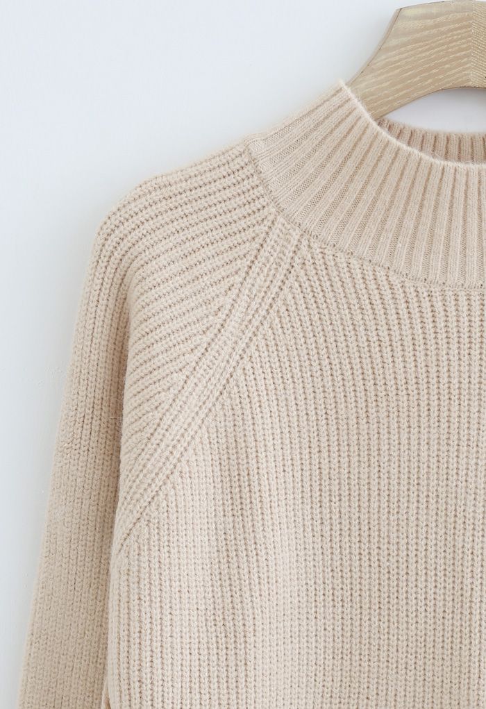 Button Side Hi-Lo Knit Sweater in Light Tan
