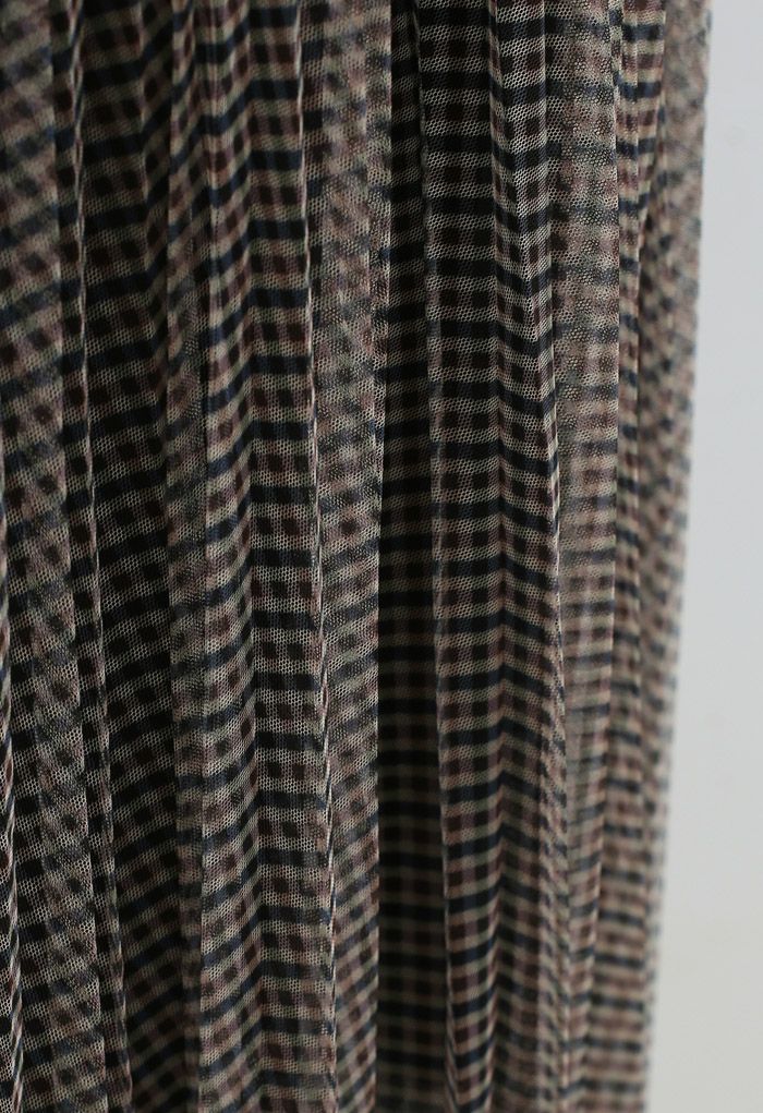 Gingham Double-Layered Pleated Mesh Midi Skirt in Khaki