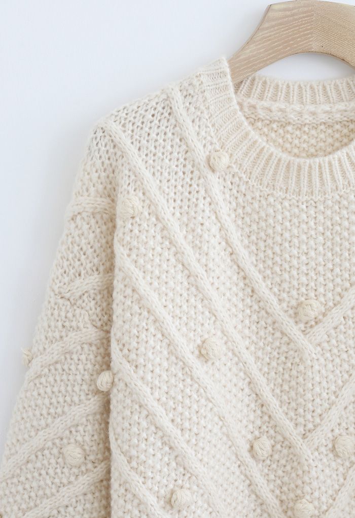 Raw Hem Pom-Pom Oversize Knit Sweater in Cream