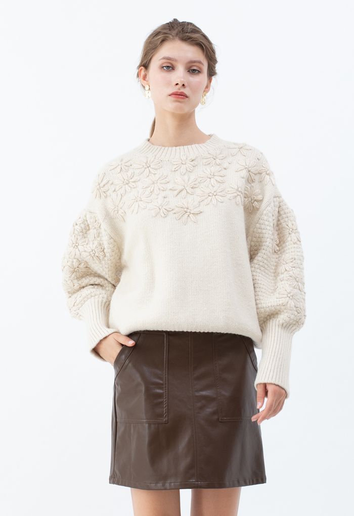 Flowers Stitched Puff Sleeves Knit Sweater
