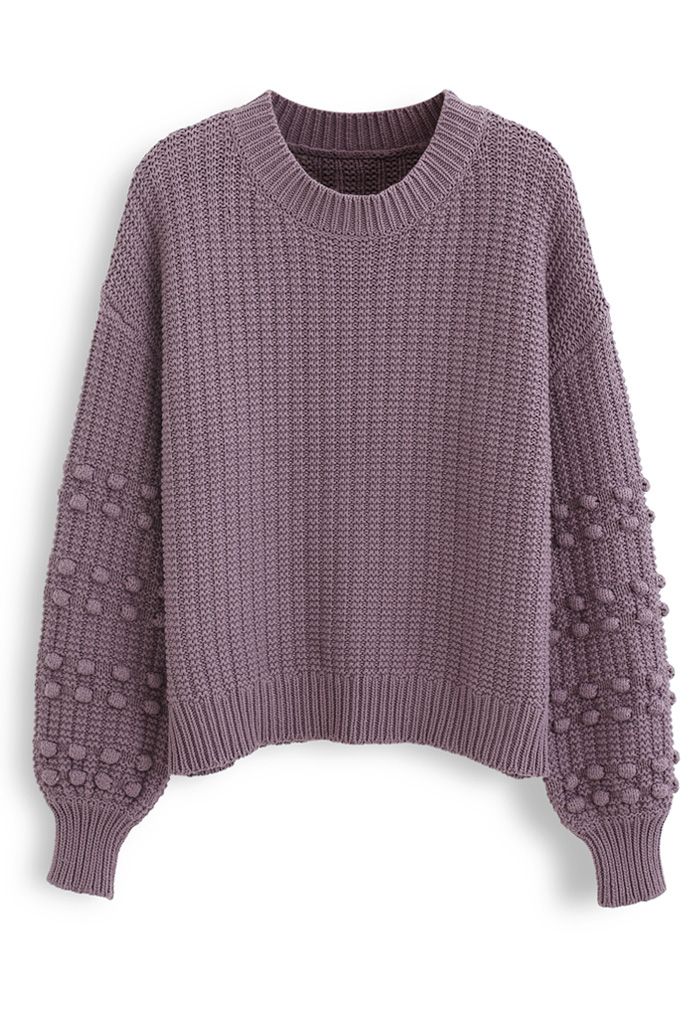 Bubble-Sleeve with Pom-Pom Detail Sweater in Purple