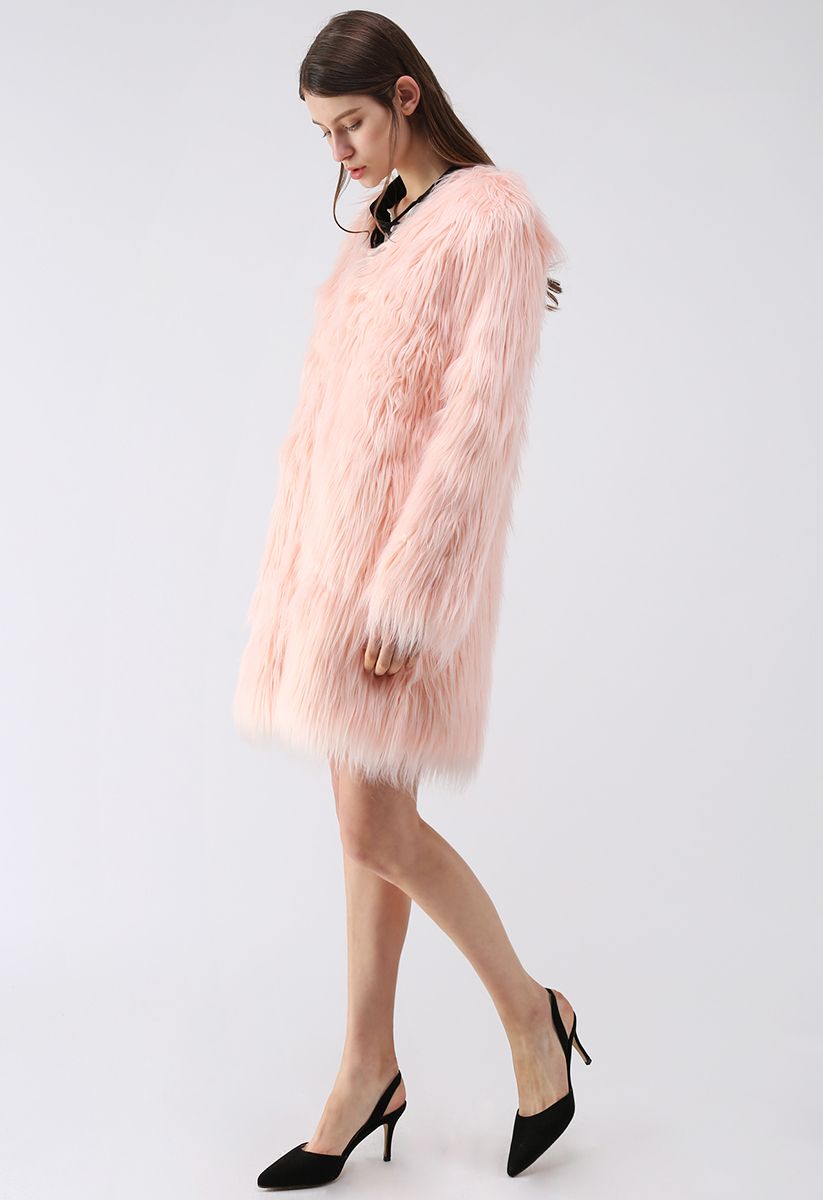 My Chic Faux Fur Longline Coat in Pink