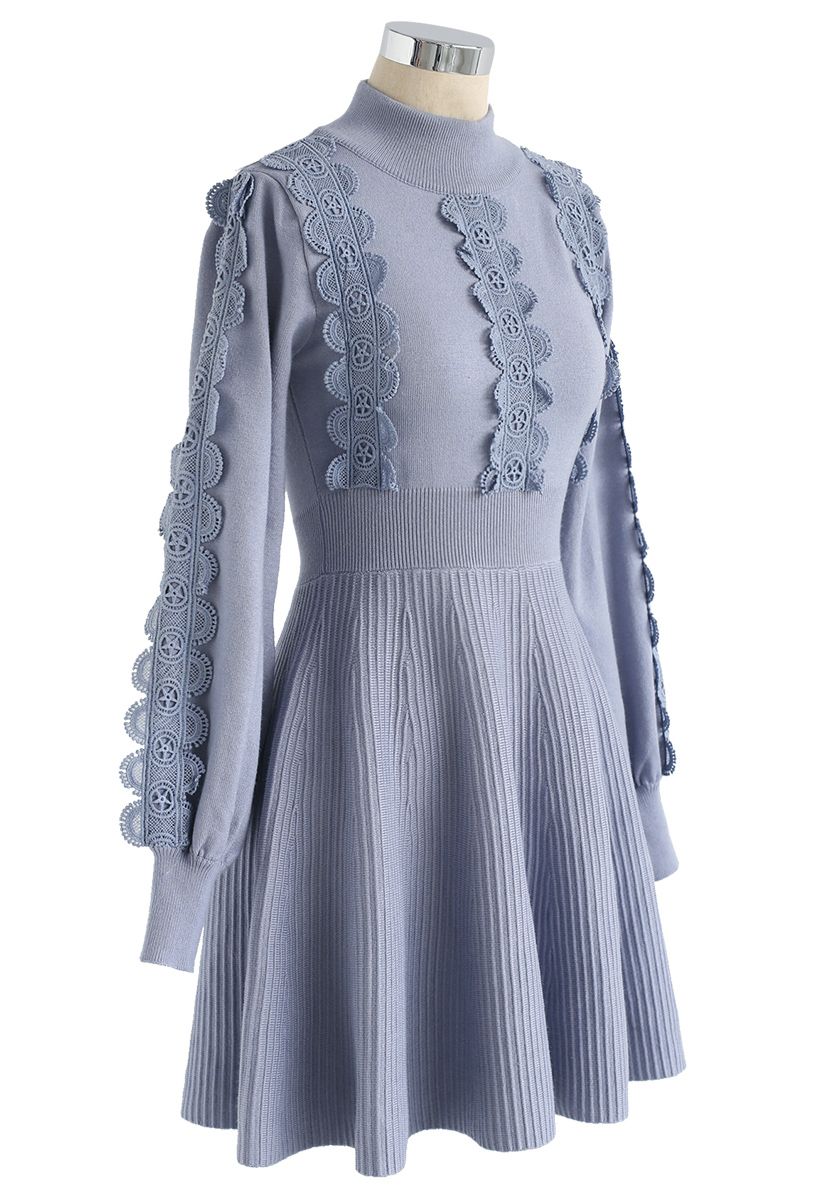 Amiable Attraction Crochet A-Lined Knit Dress in Dusty Blue 