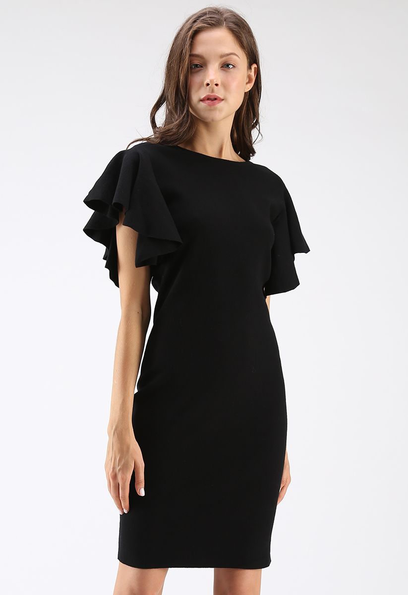 Out of Ordinary Ruffle Shift Knit Dress in Black