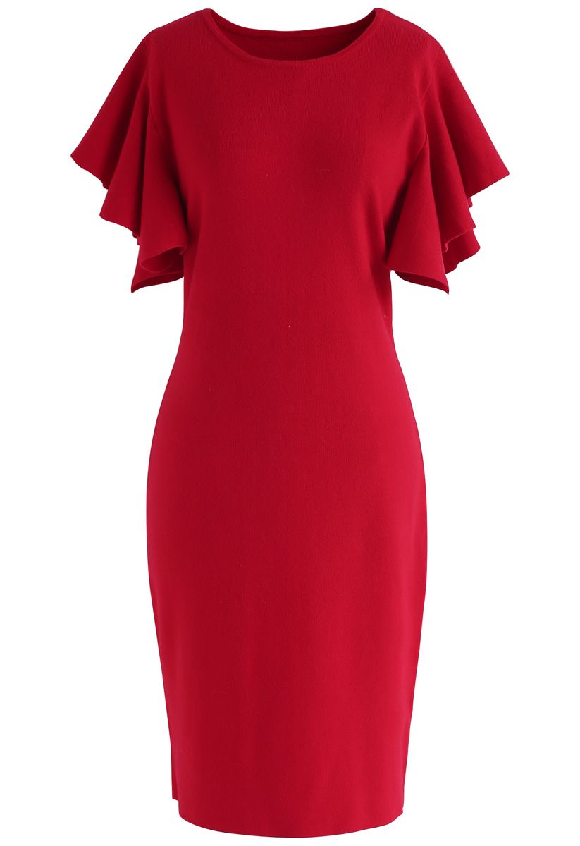 Out of Ordinary Ruffle Shift Knit Dress in Red