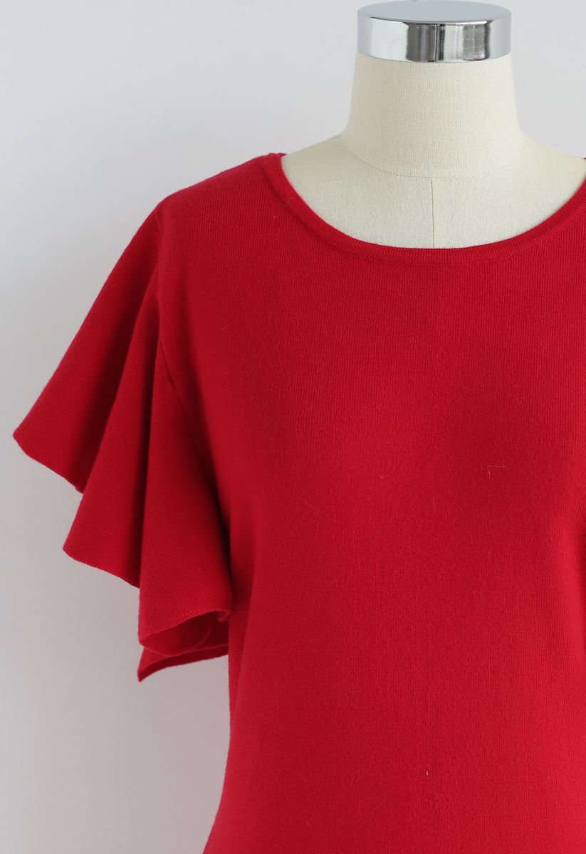 Out of Ordinary Ruffle Shift Knit Dress in Red