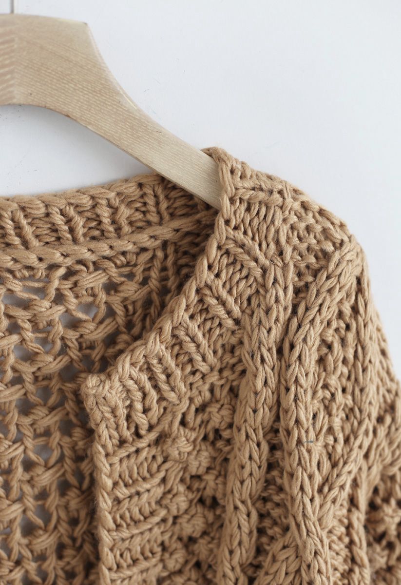 Wintry Morning Cable Knit Cardigan in Caramel