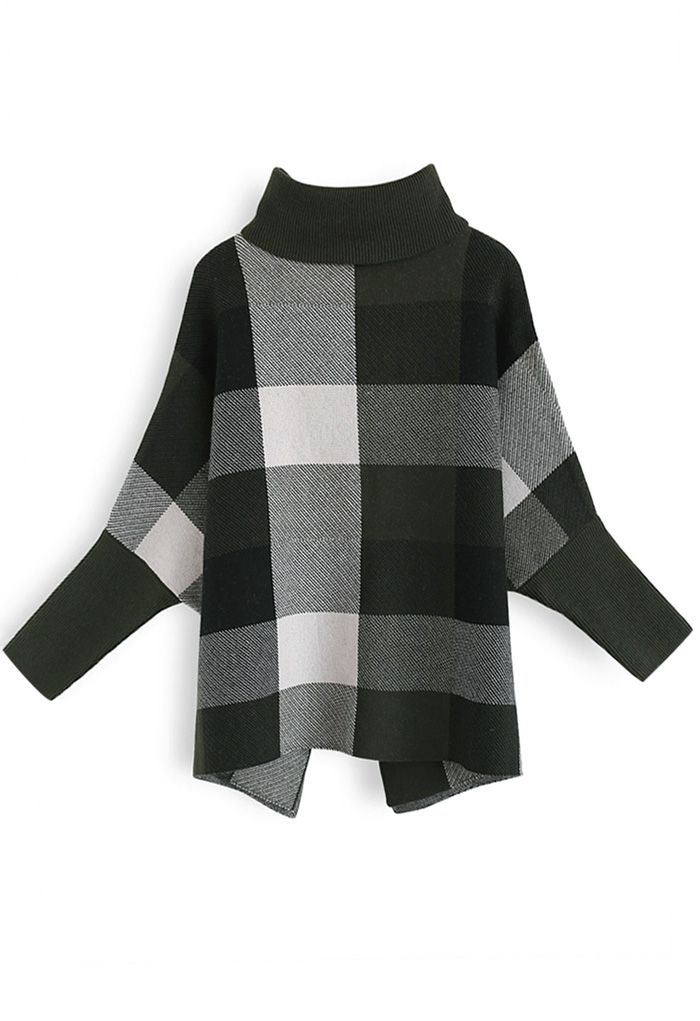 Lie in Check Fields Turtleneck Cape Sweater in Army Green